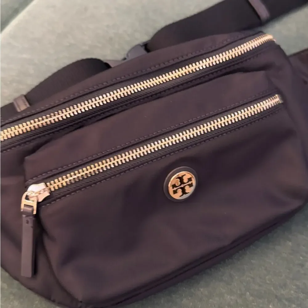 Tory Burch Black Nylon Belt Bag with Silver Hardware